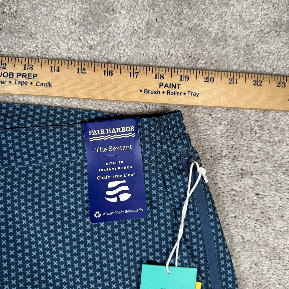 New Fair Harbor The Sextant Swim Shorts Mens Size 38 Blue Geometric‎ Stretch NWT